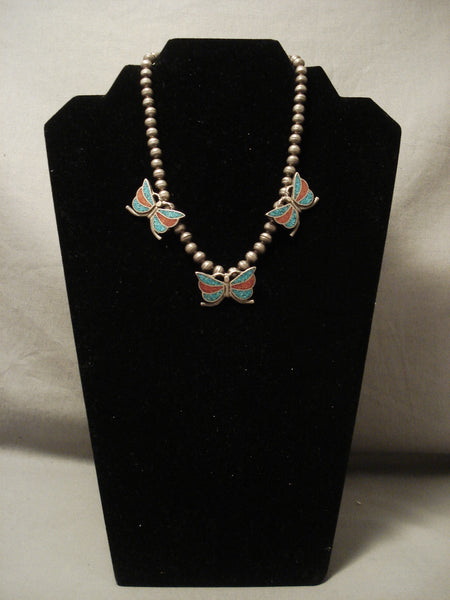 Butterfly Love Vintage Navajo Turquoise Coral Silver Necklace