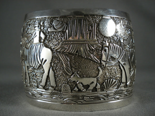 Super Detailed Extra Wide Navajo Silver Desert Scene Bracelet