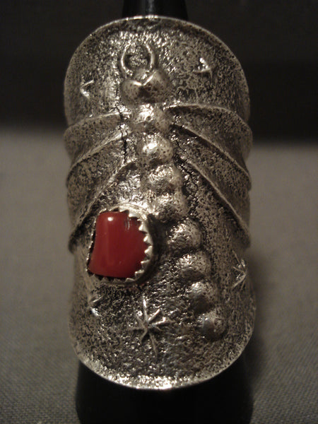 32 Grams Towering Navajo Chunk Coral Dragonfly Silver Ring