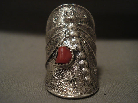 32 Grams Towering Navajo Chunk Coral Dragonfly Silver Ring