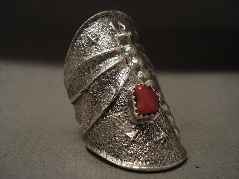 32 Grams Towering Navajo Chunk Coral Dragonfly Silver Ring