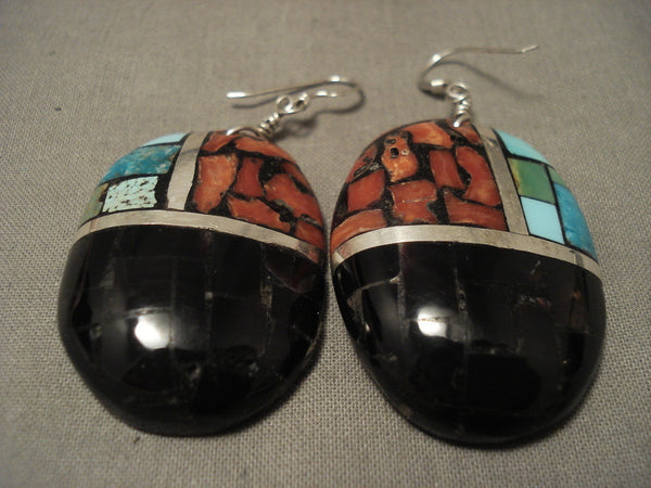 One Of The Largest Vintage Zuni Sterling Silver Coral Turquoise Earrings