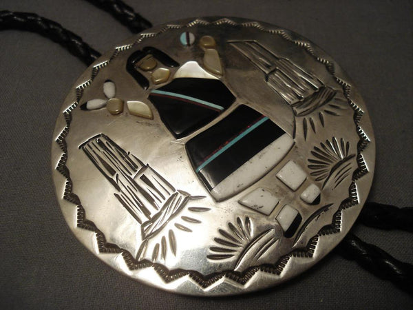 Xxxl Vintage Navajo White Buffalo Turquoise Kachina Silver Bolo Tie