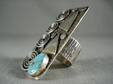 Towering Advanced Silver Work Navajo Turquoise Ring