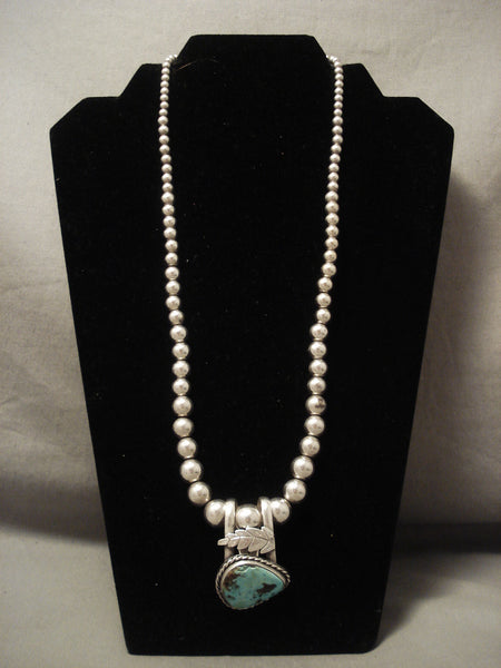 Graduating Hand Tooled Vintage Navajo Turquoise Silver Bead Necklace