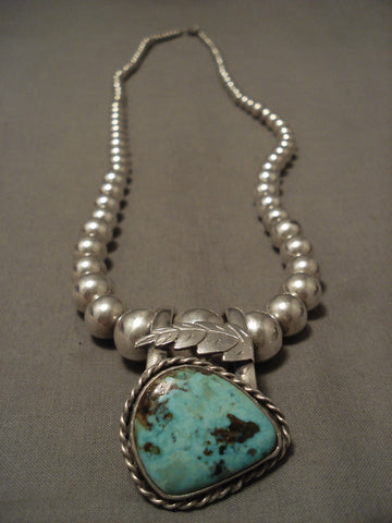 Graduating Hand Tooled Vintage Navajo Turquoise Silver Bead Necklace