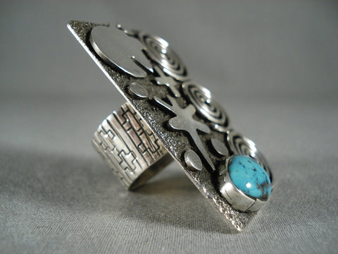 Important Towering Navajo Modernistic Navajo Silver Turquoise Ring