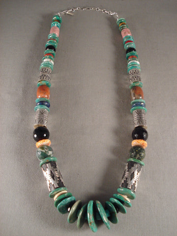 Important Natural Green Turquoise Navajo Silver Tube Necklace-226 Grams