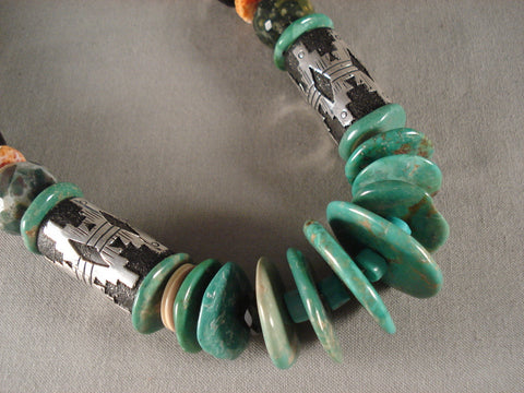 Important Natural Green Turquoise Navajo Silver Tube Necklace-226 Grams