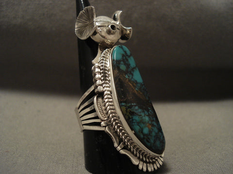 Extremely Detailed Vintage Navajo 'Kachina Maiden' Spider Turquoise Silver Ring