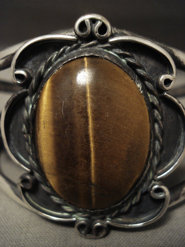 Huge Vintage Navajo 'Domed Tiger Eye' Sterling Silver Bracelet