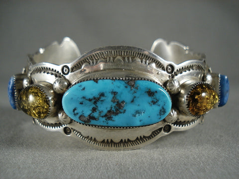 Dramatic Vintage Navajo Turquoise Lapis Trapazoid Silver Bracelet