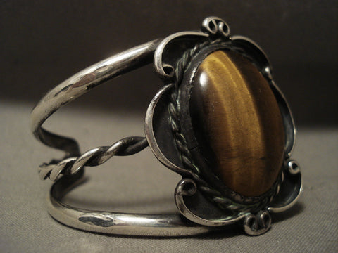Huge Vintage Navajo 'Domed Tiger Eye' Sterling Silver Bracelet