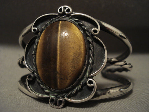 Huge Vintage Navajo 'Domed Tiger Eye' Sterling Silver Bracelet