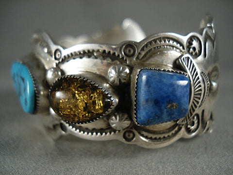 Dramatic Vintage Navajo Turquoise Lapis Trapazoid Silver Bracelet