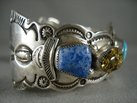 Dramatic Vintage Navajo Turquoise Lapis Trapazoid Silver Bracelet