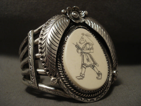 Very Rare Vintage Navajo 'Hand Carved Kachina' Scrimshaw Silver Bracelet