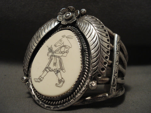 Very Rare Vintage Navajo 'Hand Carved Kachina' Scrimshaw Silver Bracelet