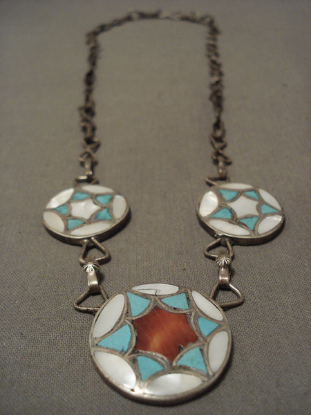 Early 1900's Vintage Zuni 'Hook And Eye Chain' Turquoise Coral Silver Necklace