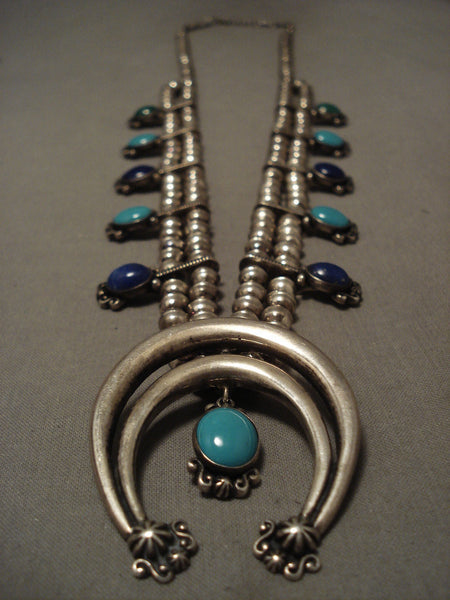 Museum Quality Vintage Navajo 'Lapis & Turquoise' Silver Squash Blossom Necklace