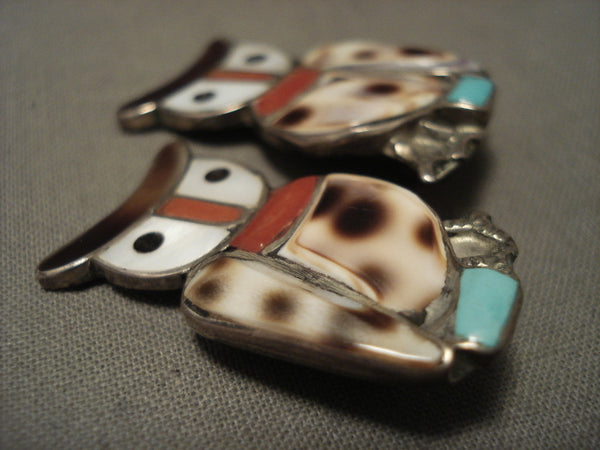 Huge And Very Old Vintage Navajo 'Coral Shell Turquoise ' Owl Silver Earrings