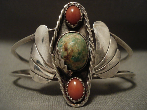 Striking Vintage Navajo 'Domed Green Turquoise' Coral Silver Bracelet