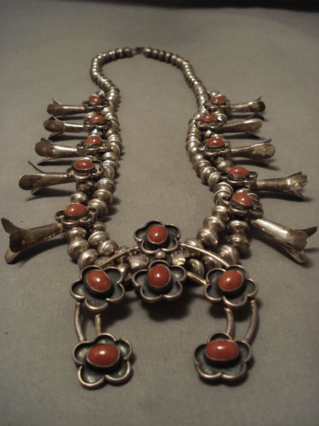 Museum Vintage Navajo 'Domed Coral' Sterling Silver Squash Blossom Necklace