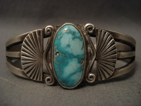 Very Old Vintage Navajo Blue Carico Lake Turquoise Ingot Silver Bracelet