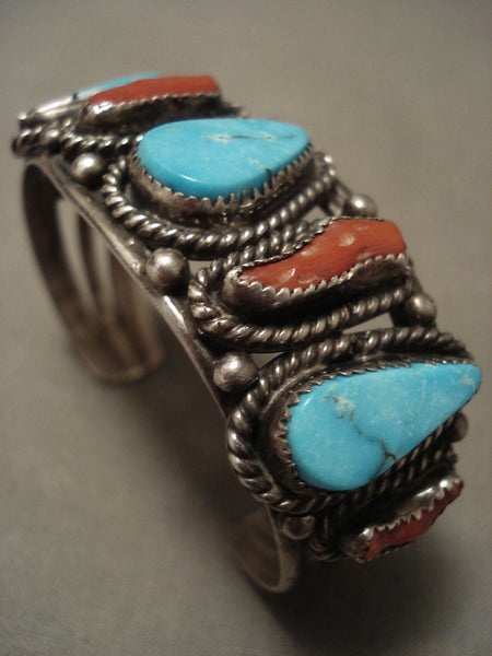 Museum Vintage Navajo Blue Diamond Turquoise Coral Silver Bracelet Old
