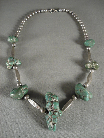 Chunky Old Green Turquoise Silver Tubule Hand Wrought Silver Necklace Old