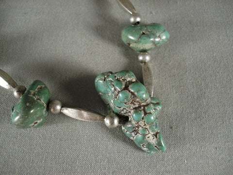 Chunky Old Green Turquoise Silver Tubule Hand Wrought Silver Necklace Old