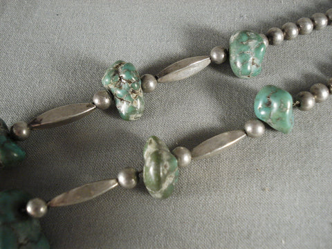 Chunky Old Green Turquoise Silver Tubule Hand Wrought Silver Necklace Old