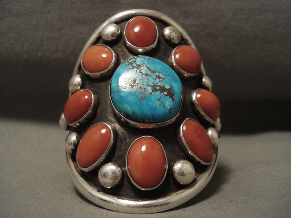 Colossal Vintage Navajo Bisbee Turquoise 'Big Huge Chunk Coral' Silver Bracelet