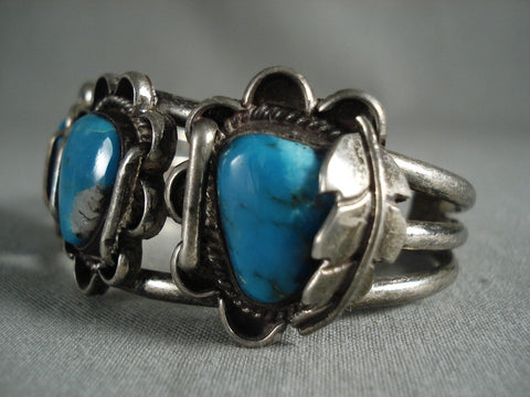 Very Old Vintage Navajo Triangular Turquoise Silver Bracelet Old