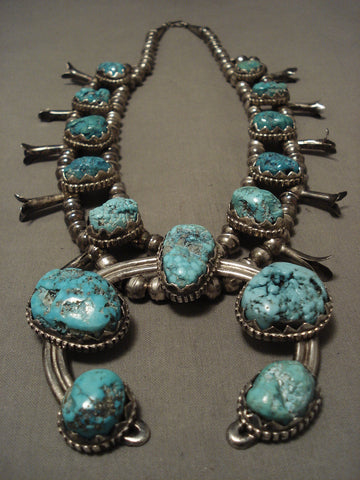 Huge Vintage Navajo 'Sky Blue Turquoise' Navajo Squash Blossom Silver Necklace