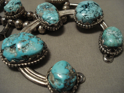 Huge Vintage Navajo 'Sky Blue Turquoise' Navajo Squash Blossom Silver Necklace