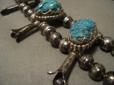 Huge Vintage Navajo 'Sky Blue Turquoise' Navajo Squash Blossom Silver Necklace