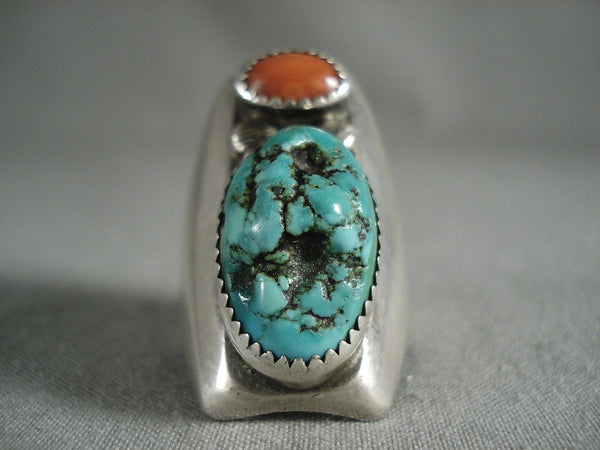 Hvy Men's Vintage Navajo Green Turquoise Coral Silver Ring Old