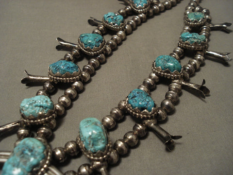 Huge Vintage Navajo 'Sky Blue Turquoise' Navajo Squash Blossom Silver Necklace