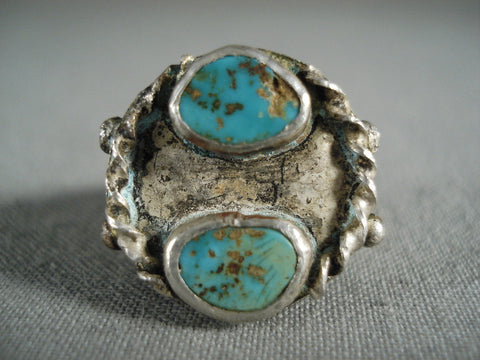 Natural Green And Blue Royston Turquoise Vintage Navajo Silver Ring Old