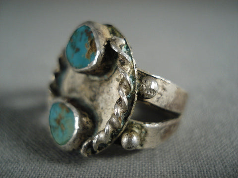 Natural Green And Blue Royston Turquoise Vintage Navajo Silver Ring Old