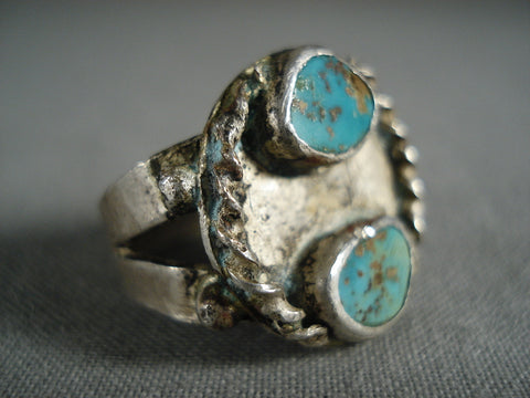 Natural Green And Blue Royston Turquoise Vintage Navajo Silver Ring Old