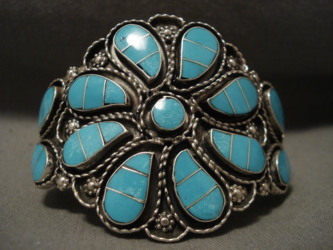 Huge Modernistic Zuni 'Turquoise Swirl' Sterling Silver Bracelet