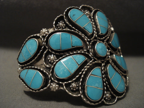Huge Modernistic Zuni 'Turquoise Swirl' Sterling Silver Bracelet