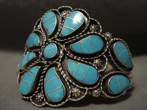 Huge Modernistic Zuni 'Turquoise Swirl' Sterling Silver Bracelet