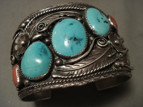 Enormous Vintage Navajo Natural Huge Turquoise Silver Coral Bracelet