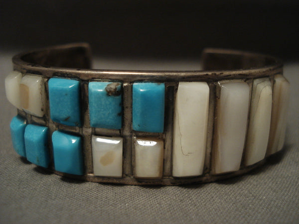 Cubed Turquoise Vintage Zuni/ Navajo Turquoise Pearl Silver Bracelet