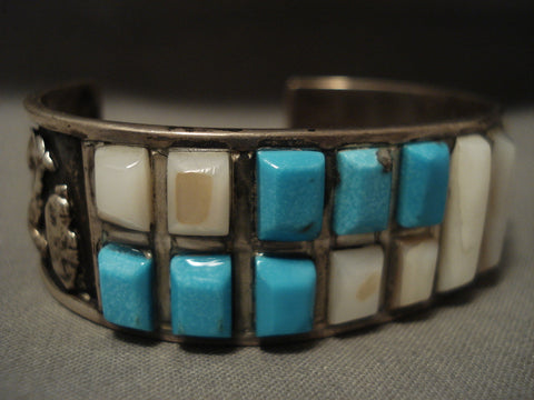 Cubed Turquoise Vintage Zuni/ Navajo Turquoise Pearl Silver Bracelet