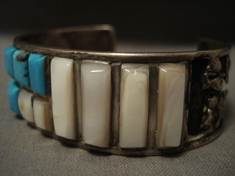 Cubed Turquoise Vintage Zuni/ Navajo Turquoise Pearl Silver Bracelet