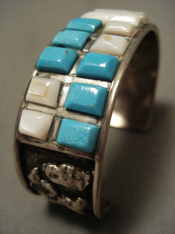 Cubed Turquoise Vintage Zuni/ Navajo Turquoise Pearl Silver Bracelet